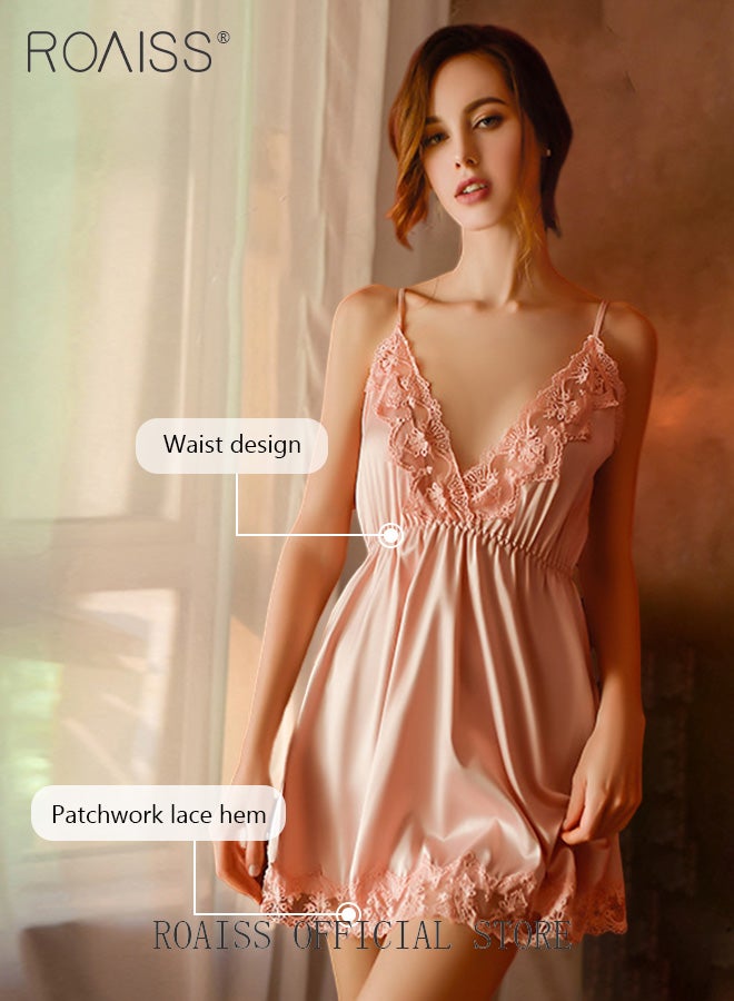 roaiss 2-Piece Set of Women Pajamas with V-Neck Design Women Home Wear Set Same Color Outer Robe and Lace Element Nightgown - Image 2