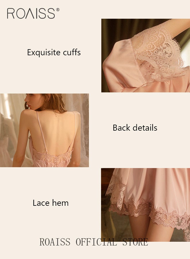 roaiss 2-Piece Set of Women Pajamas with V-Neck Design Women Home Wear Set Same Color Outer Robe and Lace Element Nightgown - Image 4