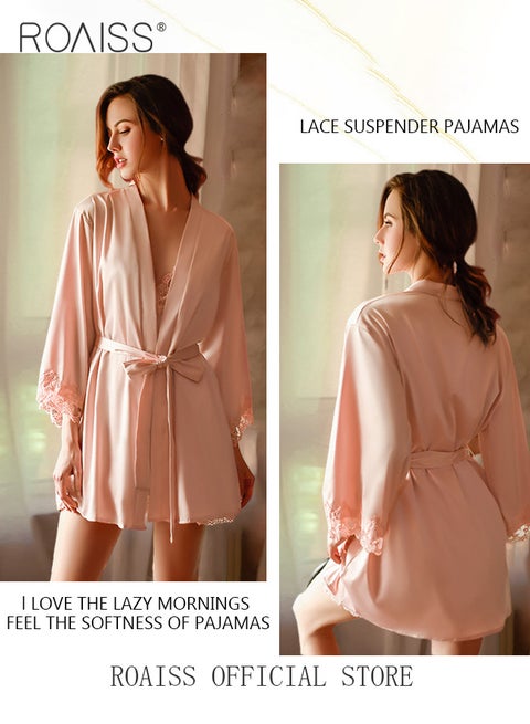 2-Piece Set of Women Pajamas with V-Neck Design Women Home Wear Set Same Color Outer Robe and Lace Element Nightgown