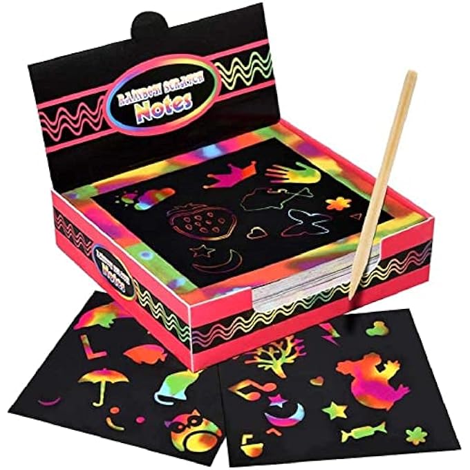 ELECDON 100 PCS RAINBOW SCRATCH PAPER, SCRATCH OFF MINI NOTES + 2 WOODEN STYLUS + 2 DRAWING TEMPLATE ARTS AND CRAFTS RAINBOW HOLOGRAPHIC NOTEPAPERS BIRTHDAY PRESENTS GIFTS FOR GIRLS AGE 5-10 YEARS OLD - Image 1