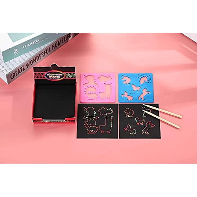 ELECDON 100 PCS RAINBOW SCRATCH PAPER, SCRATCH OFF MINI NOTES + 2 WOODEN STYLUS + 2 DRAWING TEMPLATE ARTS AND CRAFTS RAINBOW HOLOGRAPHIC NOTEPAPERS BIRTHDAY PRESENTS GIFTS FOR GIRLS AGE 5-10 YEARS OLD - Image 2