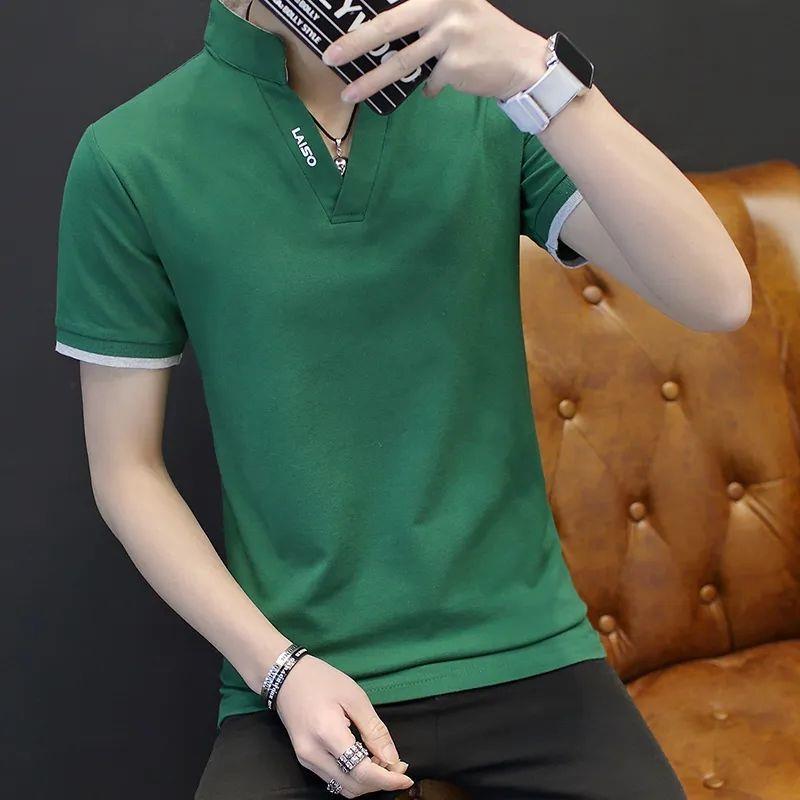 Short Shaft Mens Short Sleeve T-Shirt V-Neck Summer Body Blood Shirt Green - Image 1
