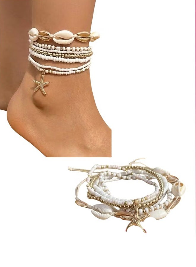 YJ 7Pcs Shell Anklet Set for Women Adjustable Boho Beaded Anklets Sea Shell Starfish Sea Turtle Ankle Bracelets Summer Beach Chainlets Foot Jewelry Accessories - Image 1