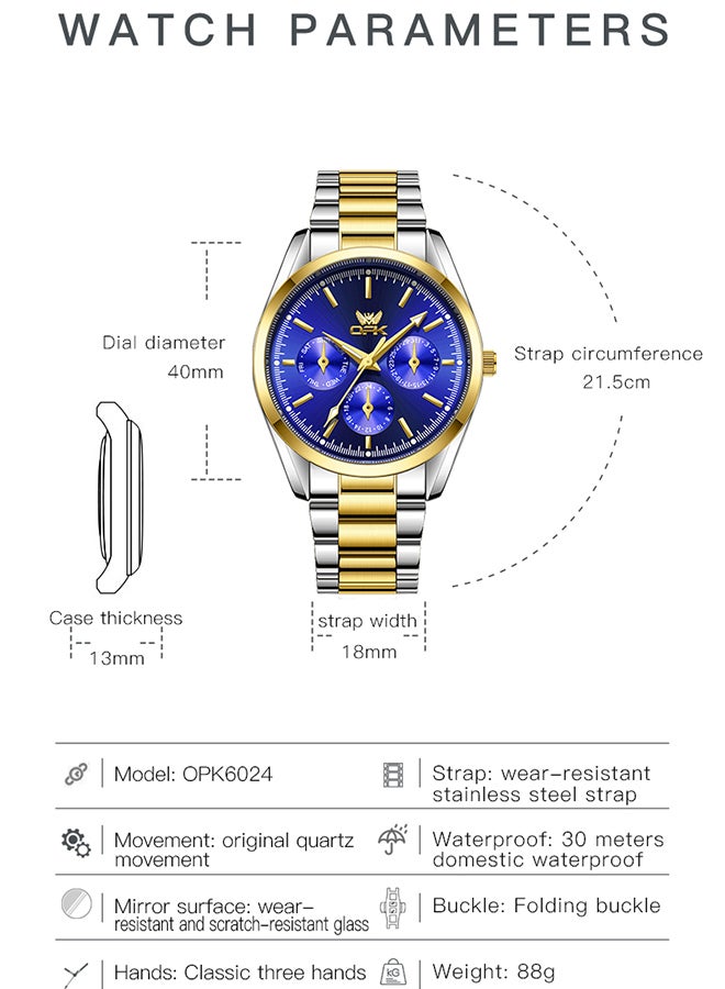 OPK Watches, Fashionable and Casual Men's Watch, Luminous Waterproof Quartz Watch, Men's Watch, 6024, Gold and Blue Dial - Image 2
