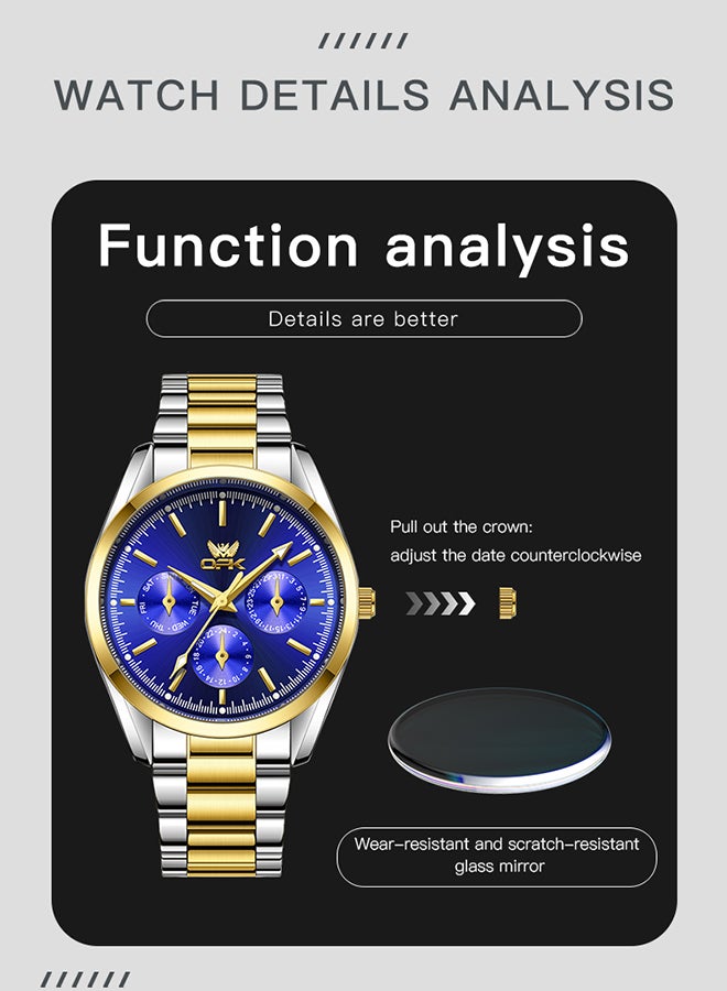 OPK Watches, Fashionable and Casual Men's Watch, Luminous Waterproof Quartz Watch, Men's Watch, 6024, Gold and Blue Dial - Image 3