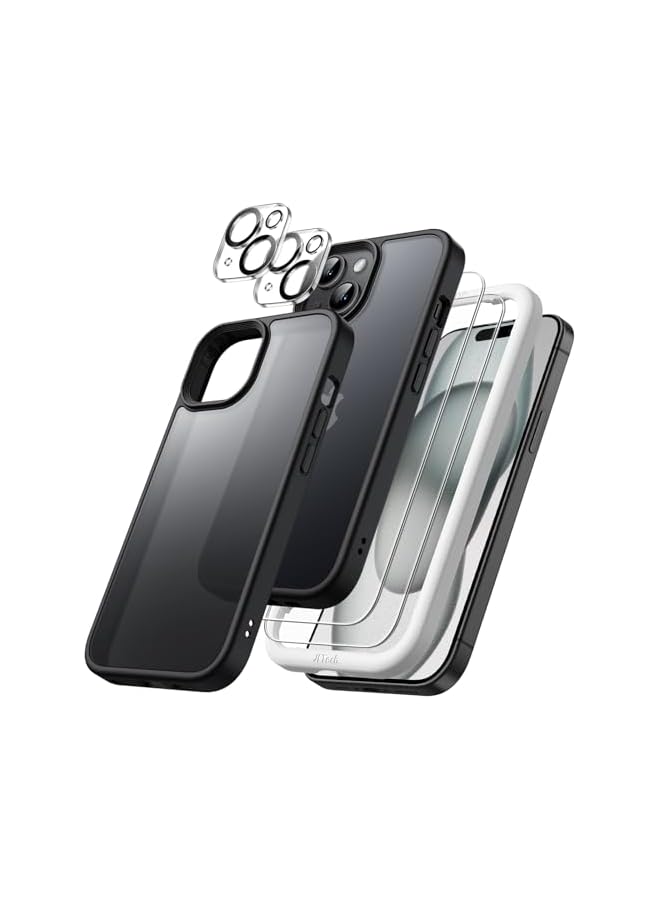 جي تيك حافظة JETech 5 في 1 غير لامعة لهاتف iPhone 15 مقاس 6.1 بوصة مع عبوتين لكل واقي شاشة من الزجاج المقسى وواقي عدسة الكاميرا، غطاء هاتف خلفي شفاف مقاوم للصدمات (أسود) - Image 1