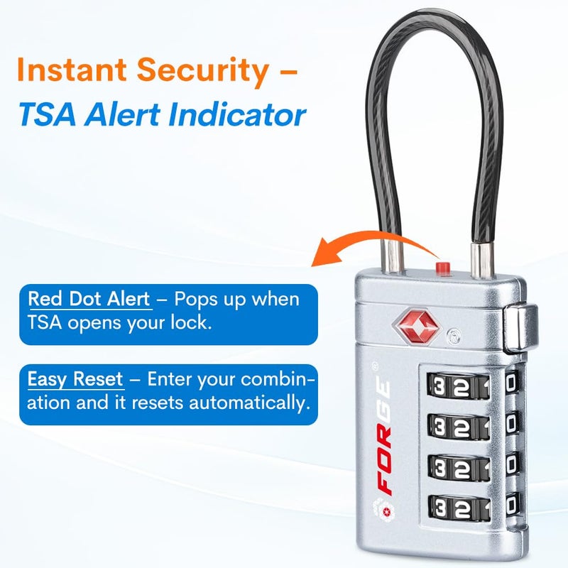 أقفال أمتعة Forge معتمدة من TSA – أقفال سفر TSA برمز مكوّن من 4 أرقام مع TSA008، ومؤشر تنبيه عند الفتح، وهيكل من سبيكة الزنك للأمتعة وحقيبة السفر وحقيبة الظهر وغير ذلك، أسود 2 PK، أقفال كابل - Image 2