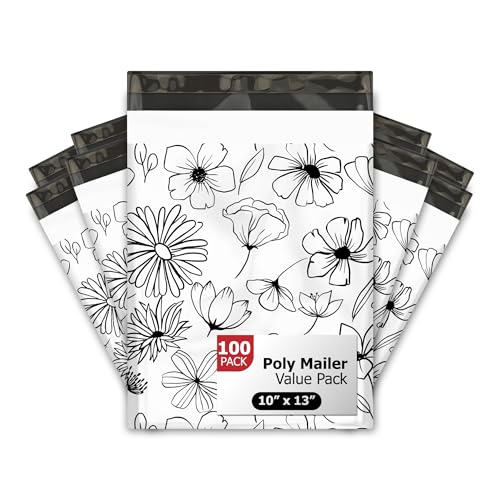 Pro Supply Global 10x13 (100) Black and White Sketched Floral Summer Designer Poly Mailers Waterproof Self Sealing Tear Resistant Polymailers Shipping Envelopes Premium Printed Bags For Small Businesses - Image 1