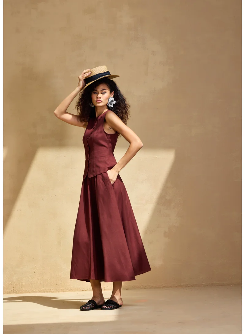 Ashita Fernandes Chloe Linen-Blend Maxi Skirt – Deep Maroon