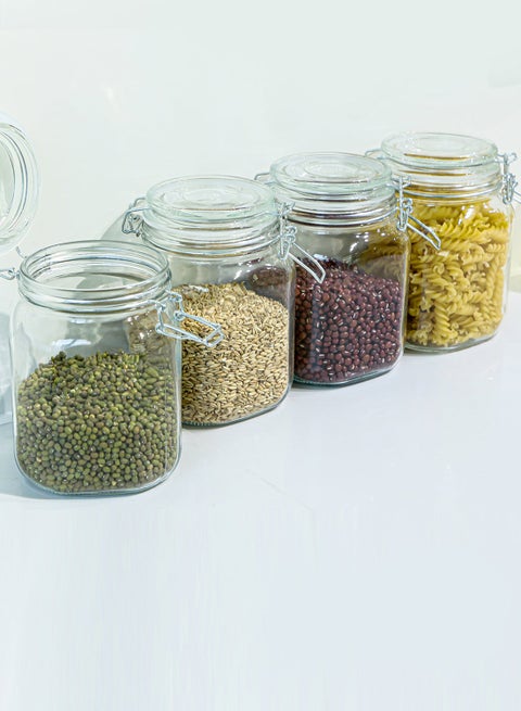 عبوة من 4 برطمانات ميسون كبيرة مع أغطية. سعة 1100 مل، مثالية للتخزين، التعليب، التخليل. حبوب، سكر، خالية من BPA، 11 سم × 11 سم × 15 سم - شفاف