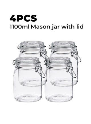 Pack of 4 Large Mason Jars with Lids. 1100ml Capacity, Perfect for Storing, Canning, Pickling. Cereal, Sugar, BPA free, 11 cm x 11 cm x 15 cm - Clear - view 2