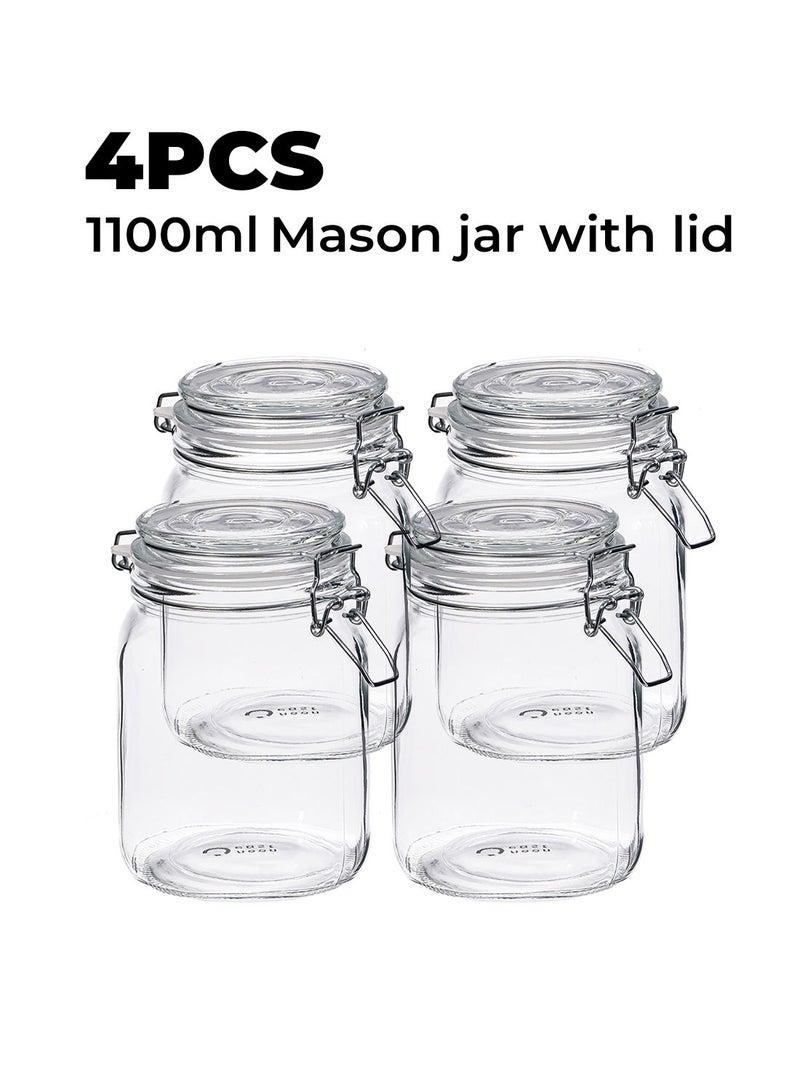 noon عبوة من 4 برطمانات ميسون كبيرة مع أغطية. سعة 1100 مل، مثالية للتخزين، التعليب، التخليل. حبوب، سكر، خالية من BPA، 11 سم × 11 سم × 15 سم - شفاف - Image 2