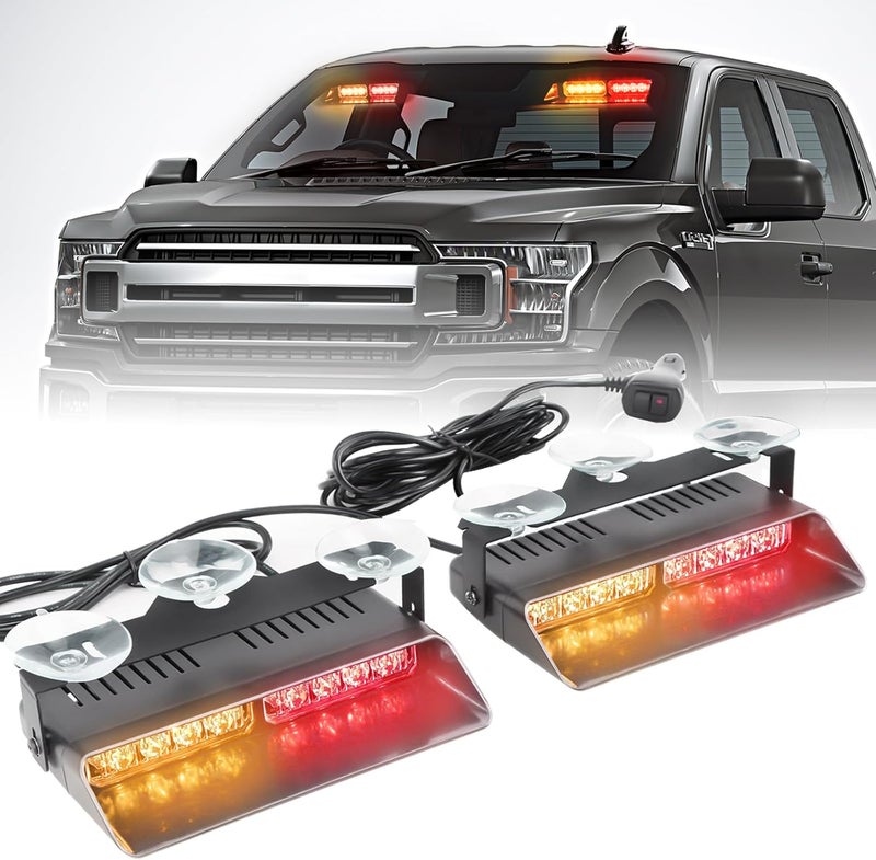 PKINGLAKE 2 in 1 LED Emergency Dash Strobe Light Bar Front/Rear Windshield Safety Flashing Warning Hazard Interior Lights for Police Firefighter Construction Vehicles Trucks (2x7.5 inch, Amber/Red) - Image 1