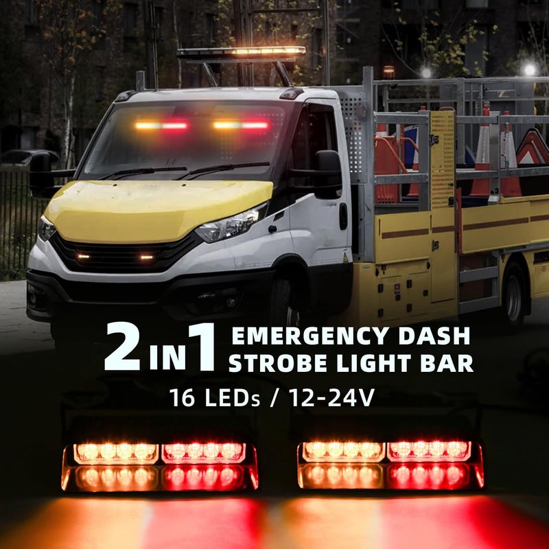 PKINGLAKE 2 in 1 LED Emergency Dash Strobe Light Bar Front/Rear Windshield Safety Flashing Warning Hazard Interior Lights for Police Firefighter Construction Vehicles Trucks (2x7.5 inch, Amber/Red) - Image 2