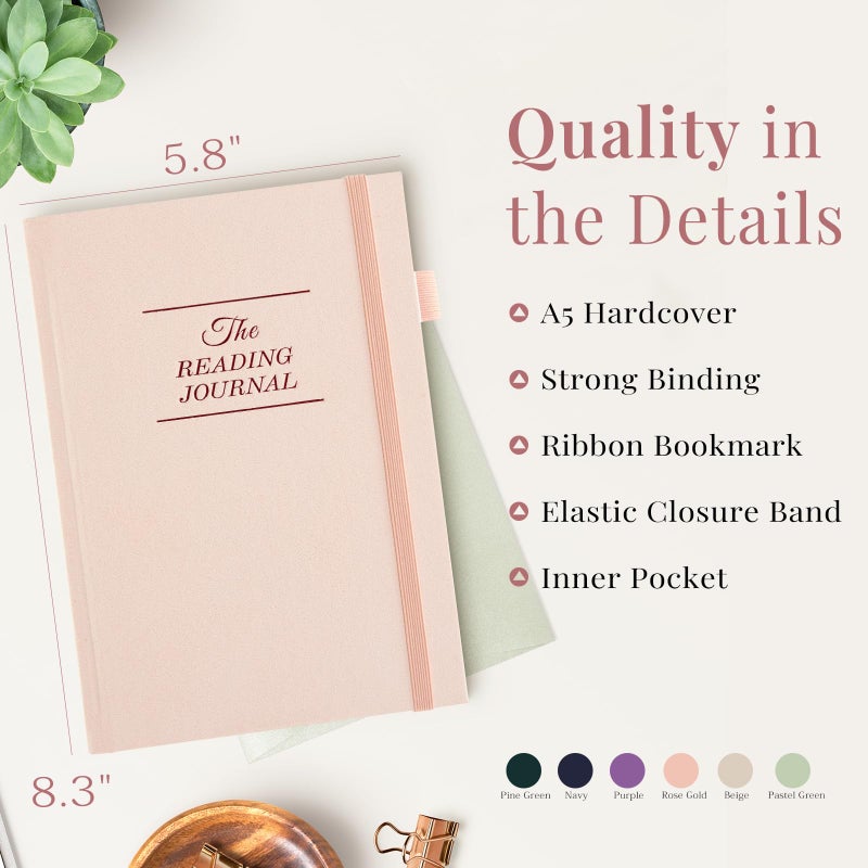 JUBTIC Reading Journal - Book Log for 75 Reviews & Progress Tracking - Gift for Book Lovers - A5 Size, Rose Gold - Image 2