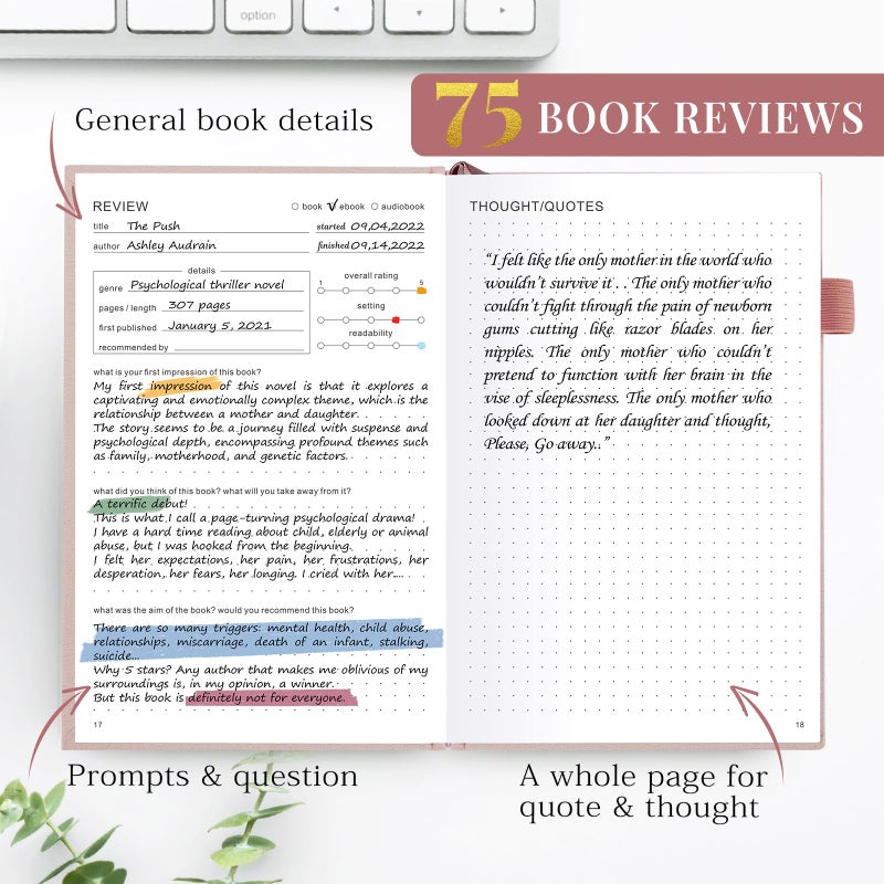 JUBTIC Reading Journal - Book Log for 75 Reviews & Progress Tracking - Gift for Book Lovers - A5 Size, Rose Gold - Image 3