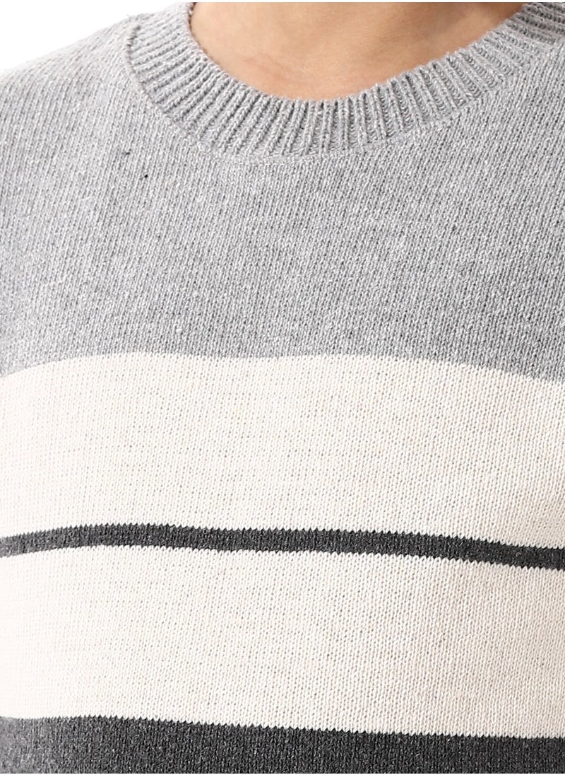 Andora Round Collar Wide Stripes Boys Pullover - Grey & Off White_ Grey & Off White  - Image 5
