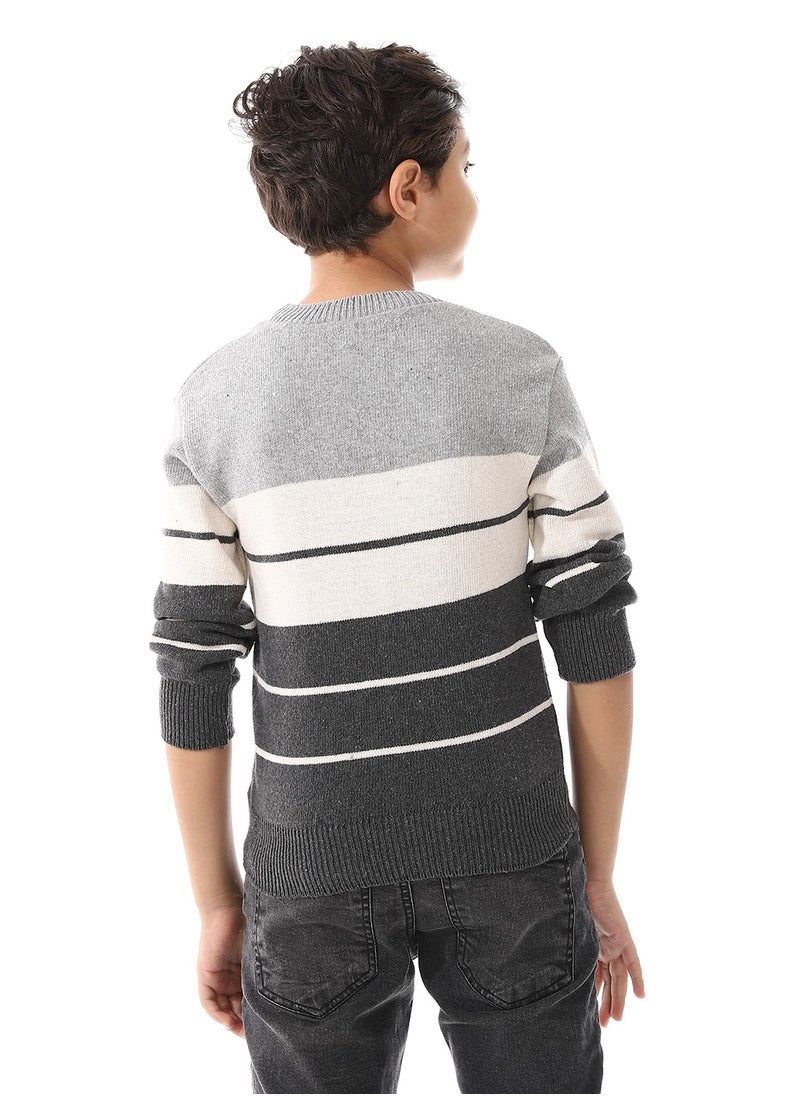 Andora Round Collar Wide Stripes Boys Pullover - Grey & Off White_ Grey & Off White  - Image 3