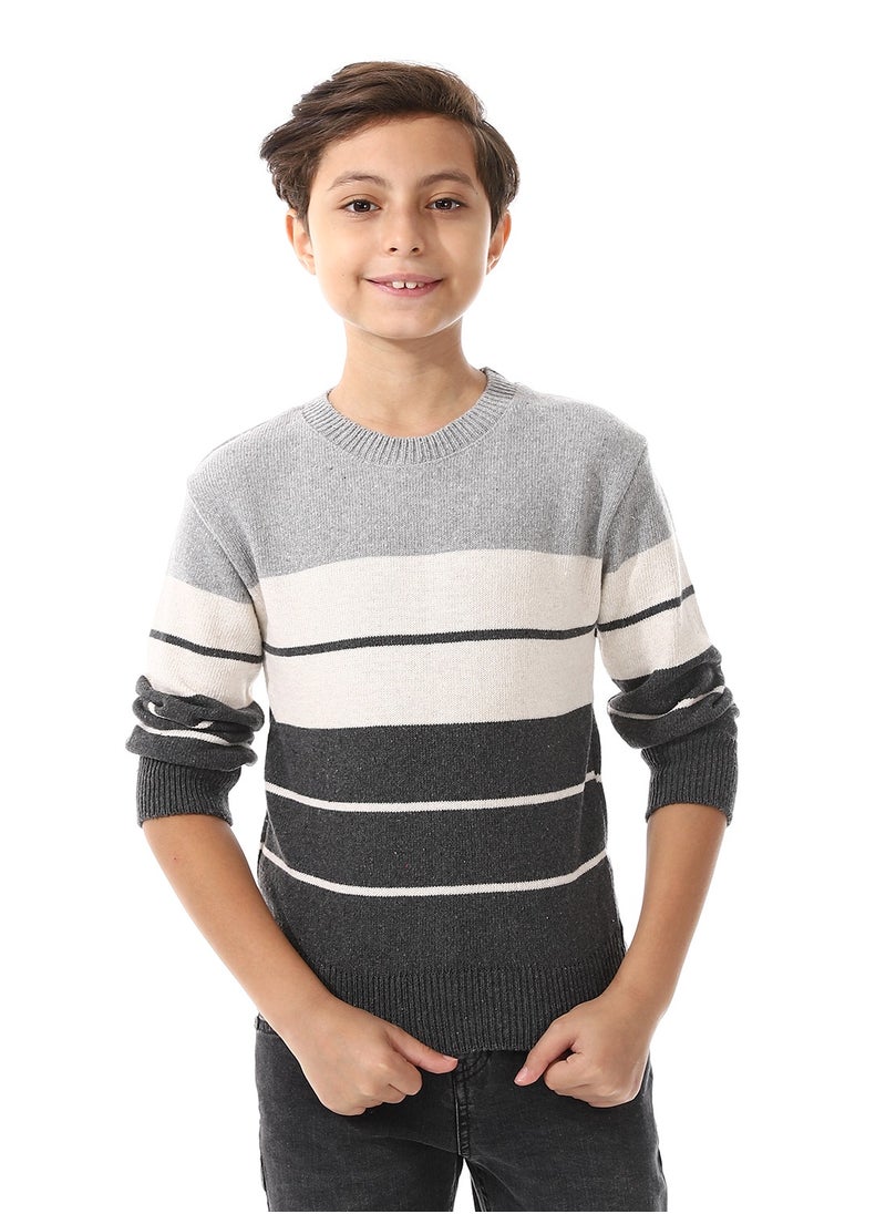 Andora Round Collar Wide Stripes Boys Pullover - Grey & Off White_ Grey & Off White  - Image 1