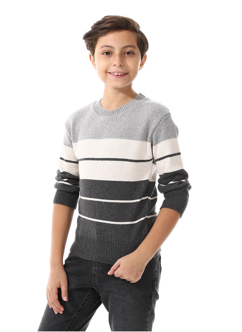 Andora Round Collar Wide Stripes Boys Pullover - Grey & Off White_ Grey & Off White  - Image 2