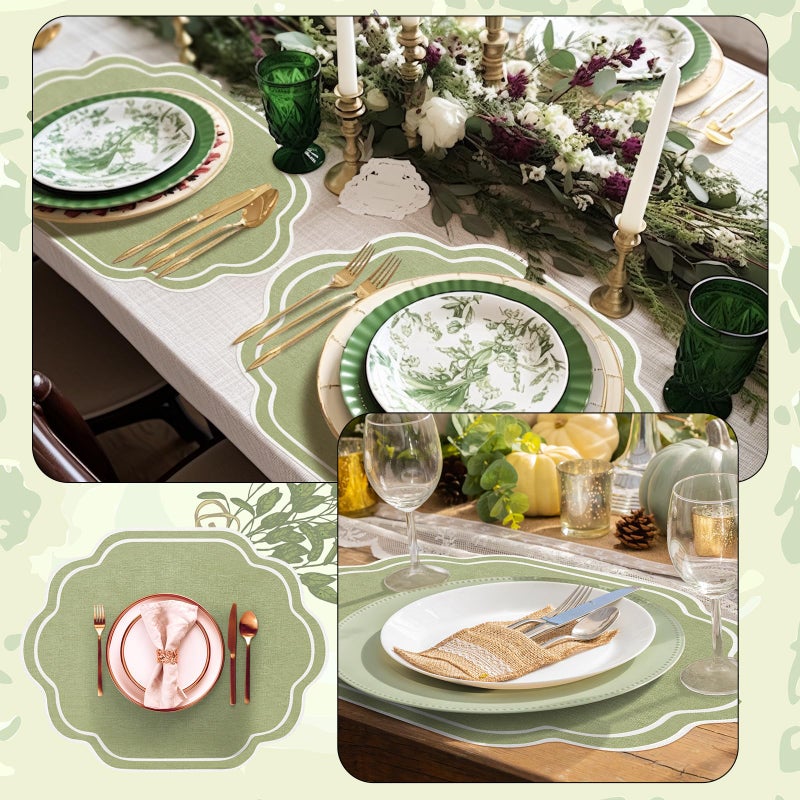 Breling Set of 6 Wedding Placemats Scalloped Embroidered Cotton Linen Placemats 17" x 13" Double Layered Machine Washable Table Place Mat for Party Table Decor(Sage Green) - Image 3
