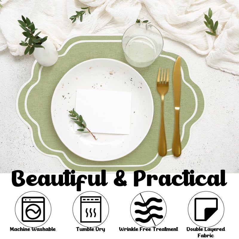 Breling Set of 6 Wedding Placemats Scalloped Embroidered Cotton Linen Placemats 17" x 13" Double Layered Machine Washable Table Place Mat for Party Table Decor(Sage Green) - Image 5