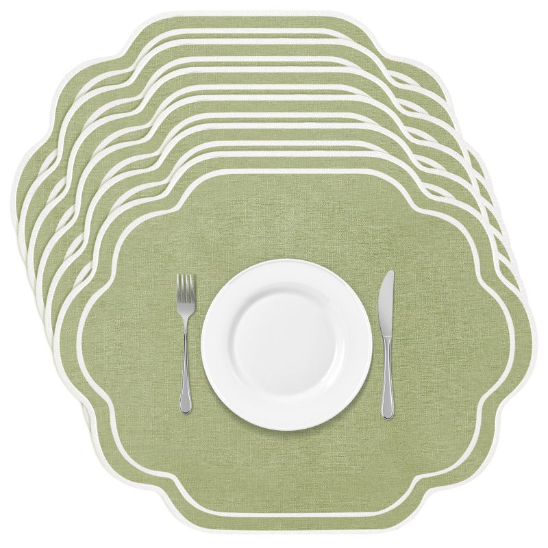 Breling Set of 6 Wedding Placemats Scalloped Embroidered Cotton Linen Placemats 17" x 13" Double Layered Machine Washable Table Place Mat for Party Table Decor(Sage Green) - Image 1