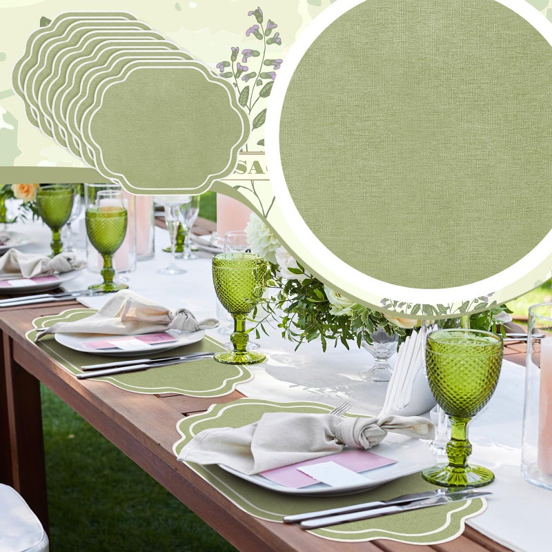 Breling Set of 6 Wedding Placemats Scalloped Embroidered Cotton Linen Placemats 17" x 13" Double Layered Machine Washable Table Place Mat for Party Table Decor(Sage Green) - Image 2