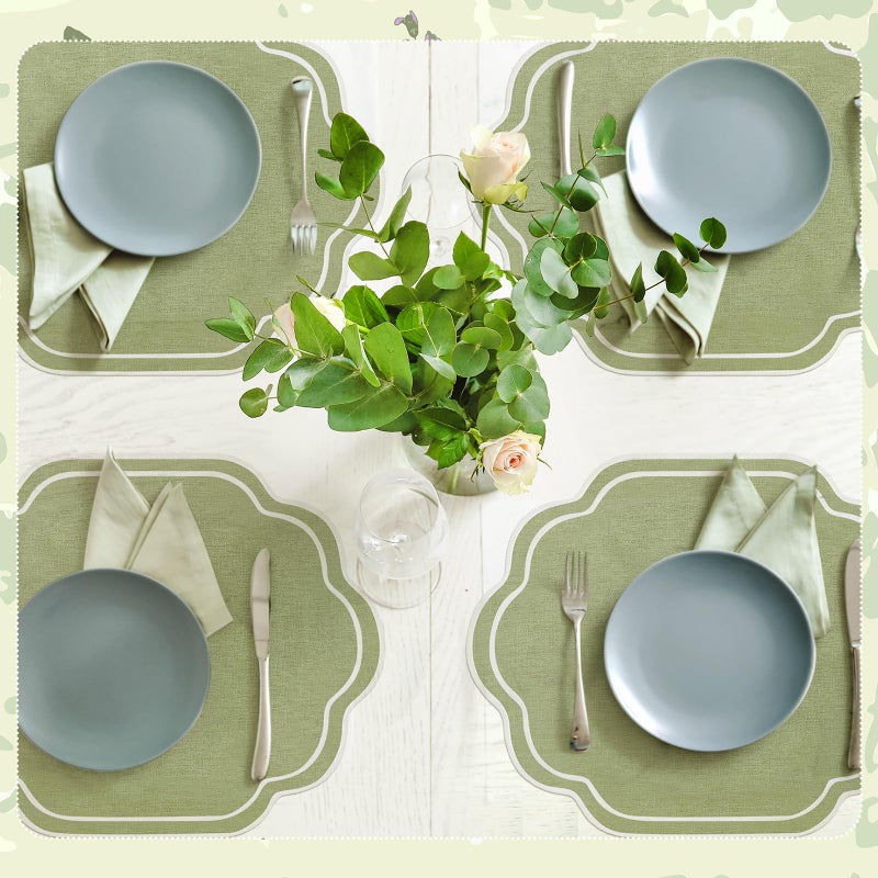 Breling Set of 6 Wedding Placemats Scalloped Embroidered Cotton Linen Placemats 17" x 13" Double Layered Machine Washable Table Place Mat for Party Table Decor(Sage Green) - Image 4
