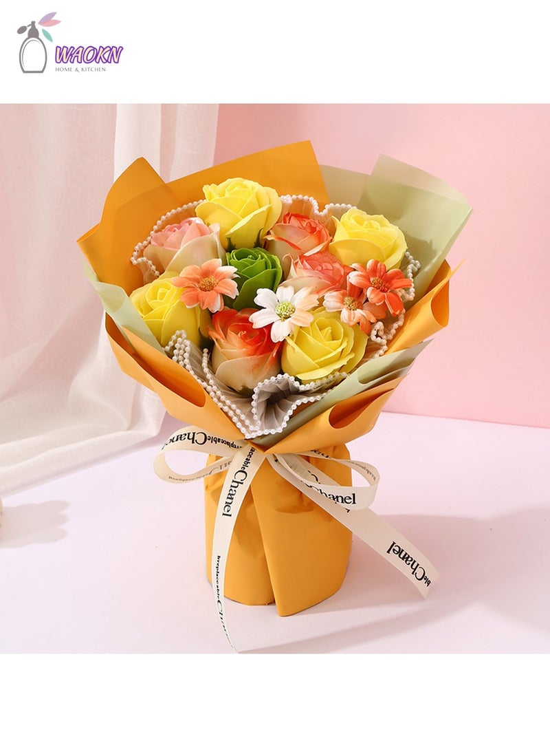 WAOKN 9-Piece Rose Bouquet Forever Flowers Decor Artificial Flower Bouquet High-Value Soap Flower Gift Box Long-Lasting Real Roses Forever Bouquet for Valentines Day Mothers Day Birthday Gifts for Women Orange - Image 1