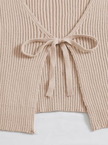 Floerns Women's Tie Front Long Sleeve Rib Knit Shrug Sweaters Cardigan Crop Top A Khaki L - Image 3