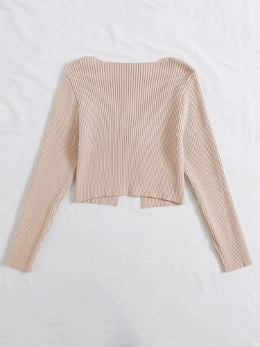 Floerns Women's Tie Front Long Sleeve Rib Knit Shrug Sweaters Cardigan Crop Top A Khaki L - Image 2