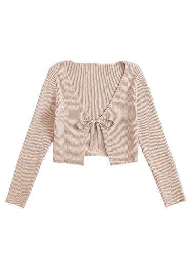 Floerns Women's Tie Front Long Sleeve Rib Knit Shrug Sweaters Cardigan Crop Top A Khaki L - Image 1