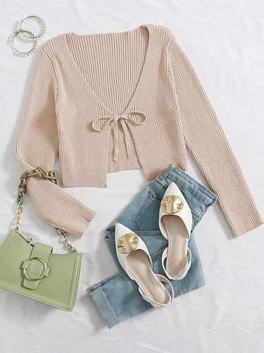 Floerns Women's Tie Front Long Sleeve Rib Knit Shrug Sweaters Cardigan Crop Top A Khaki L - Image 5