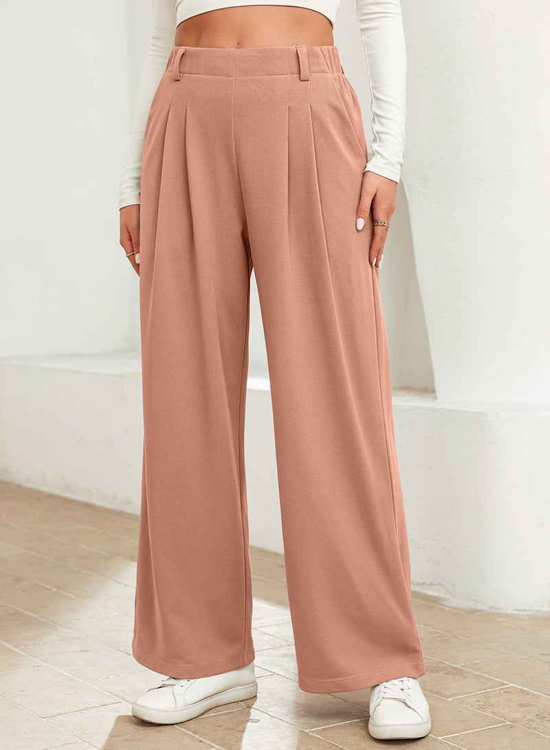 EVALESS Women's High Waisted Pants Plain Solid Color Wide Leg Waffle Knit Dressy Business Casual Pants Stretchy Trousers with Pockets Dusty Pink X-Large - Image 3