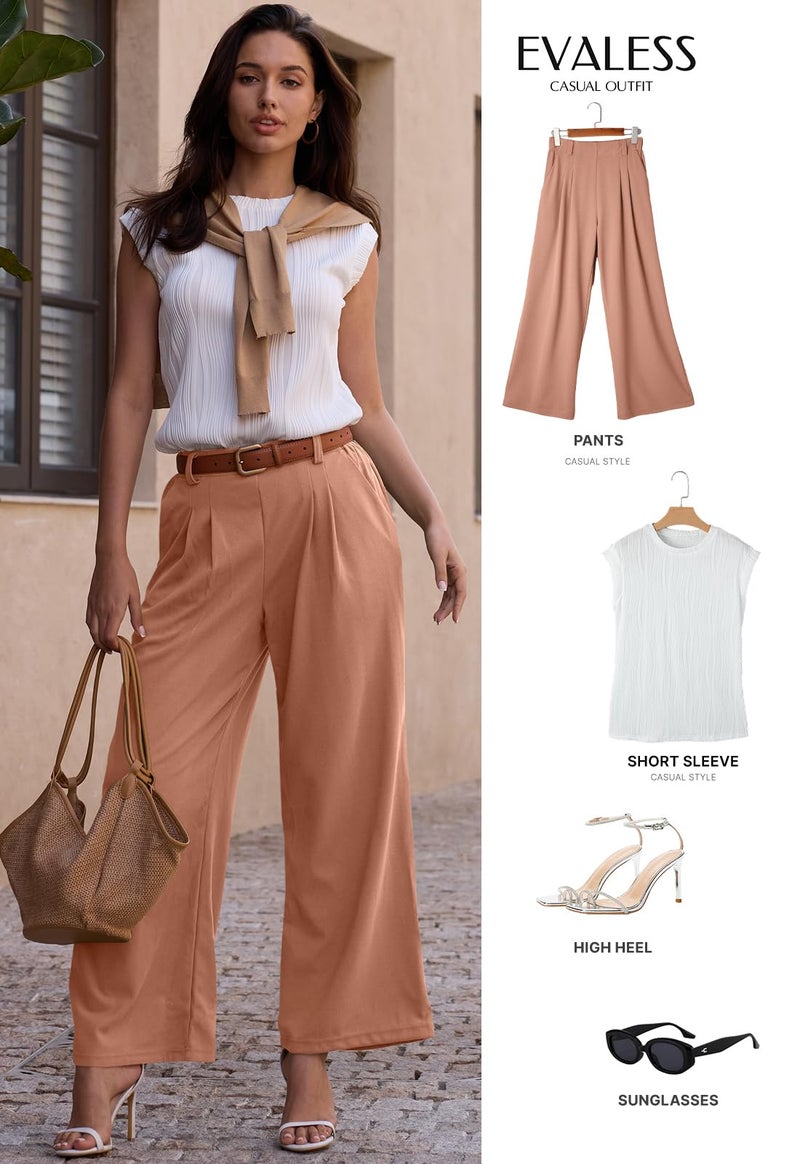 EVALESS Women's High Waisted Pants Plain Solid Color Wide Leg Waffle Knit Dressy Business Casual Pants Stretchy Trousers with Pockets Dusty Pink X-Large - Image 4