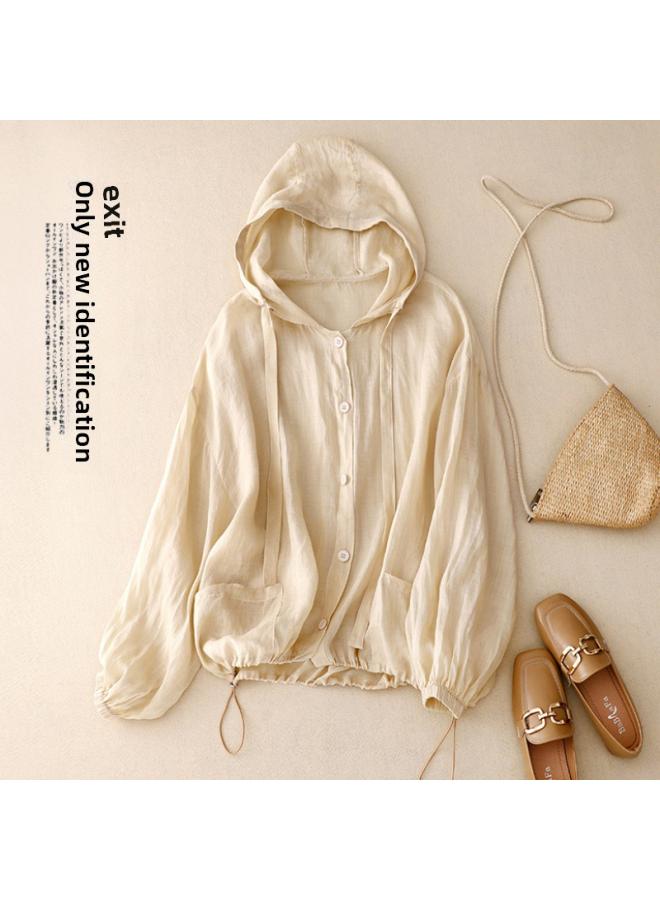 Song Feng Ya 5-color Artistic Loose Casual Hooded Sun-protective Clothing Beach Shirt Air-conditioning Shirt W En's French Style Drawstring Thin Long-sleeved Jacket - Image 3