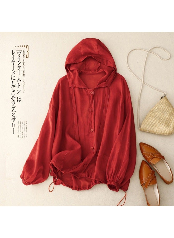 Song Feng Ya 5-color Artistic Loose Casual Hooded Sun-protective Clothing Beach Shirt Air-conditioning Shirt W En's French Style Drawstring Thin Long-sleeved Jacket - Image 1