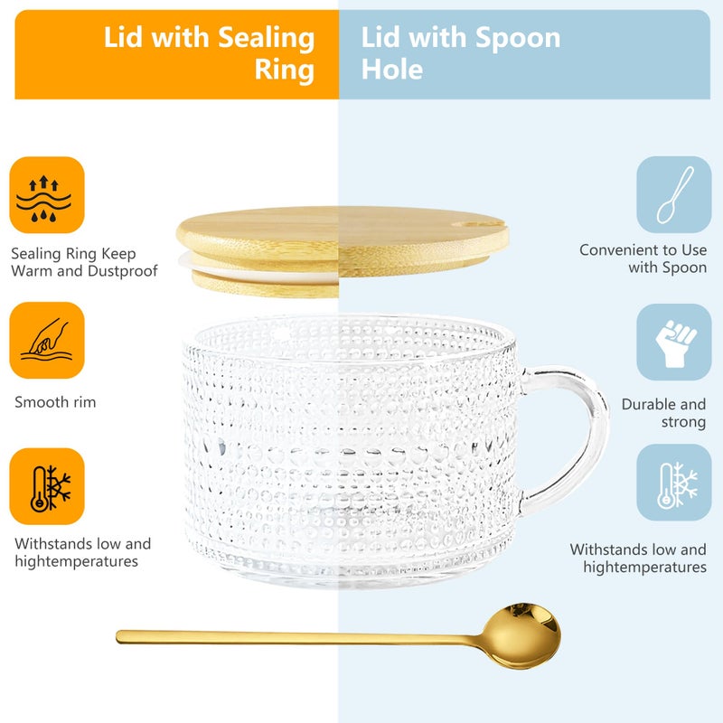 Icesip 14 oz Vintage Coffee Mugs Glass of 6 Overnight Oats Glass Mug with Bamboo Lids Spoons Handle for Latte Cereal Yogurt(Hobnail*3 & Sunflower*3 with Spoon Hole Lid) - Image 3