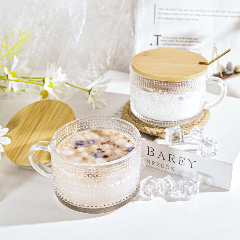 Icesip 14 oz Vintage Coffee Mugs Glass of 6 Overnight Oats Glass Mug with Bamboo Lids Spoons Handle for Latte Cereal Yogurt(Hobnail*3 & Sunflower*3 with Spoon Hole Lid) - Image 2