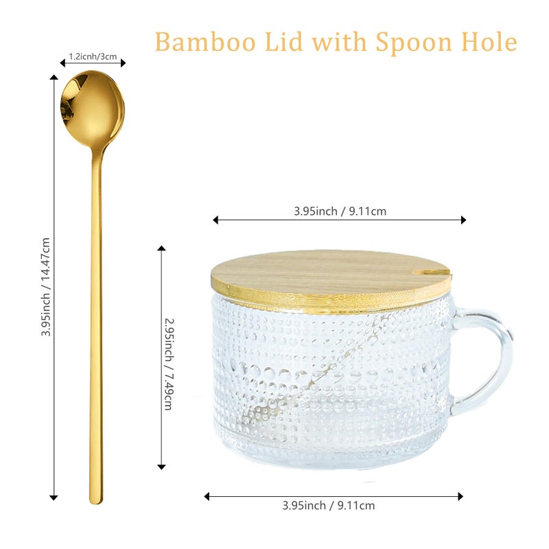Icesip 14 oz Vintage Coffee Mugs Glass of 6 Overnight Oats Glass Mug with Bamboo Lids Spoons Handle for Latte Cereal Yogurt(Hobnail*3 & Sunflower*3 with Spoon Hole Lid) - Image 5