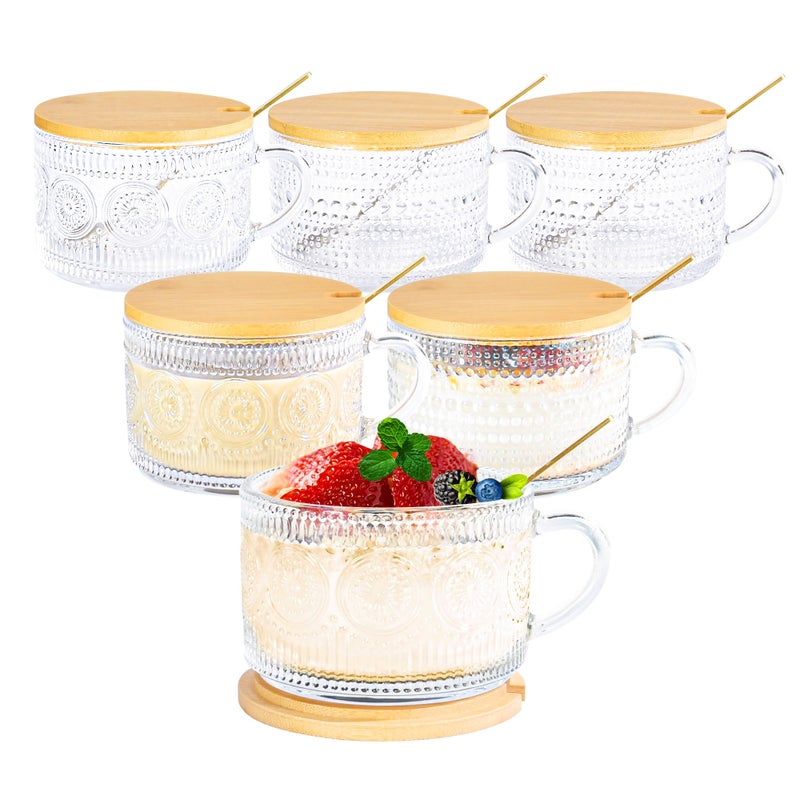 Icesip 14 oz Vintage Coffee Mugs Glass of 6 Overnight Oats Glass Mug with Bamboo Lids Spoons Handle for Latte Cereal Yogurt(Hobnail*3 & Sunflower*3 with Spoon Hole Lid) - Image 1