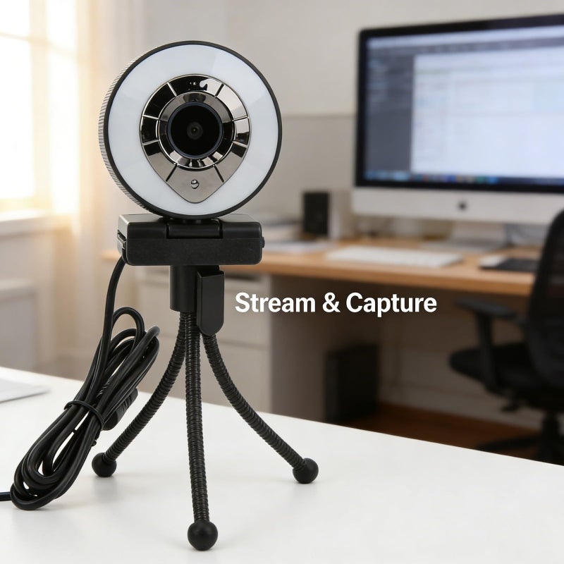 كاميرا ويب بدقة 1080P عالية الوضوح مع تركيز تلقائي وميكروفون مزدوج وإضاءة دافئة ودوران 360 درجة لمكالمات الفيديو والبث المباشر باللون الأبيض - Image 4