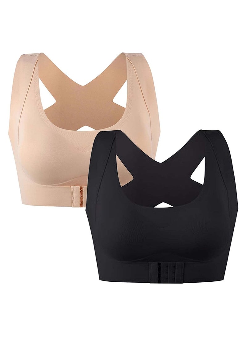 SYOSI 2Pcs Seamless Front Buckle Support Bra Secret Lane Bare Bralette Push Up Padded Back Cross Lift Bras 2-in-1 Womens Full Coverage Wire Free Back Support Posture Bra Ice Silk M - Image 1