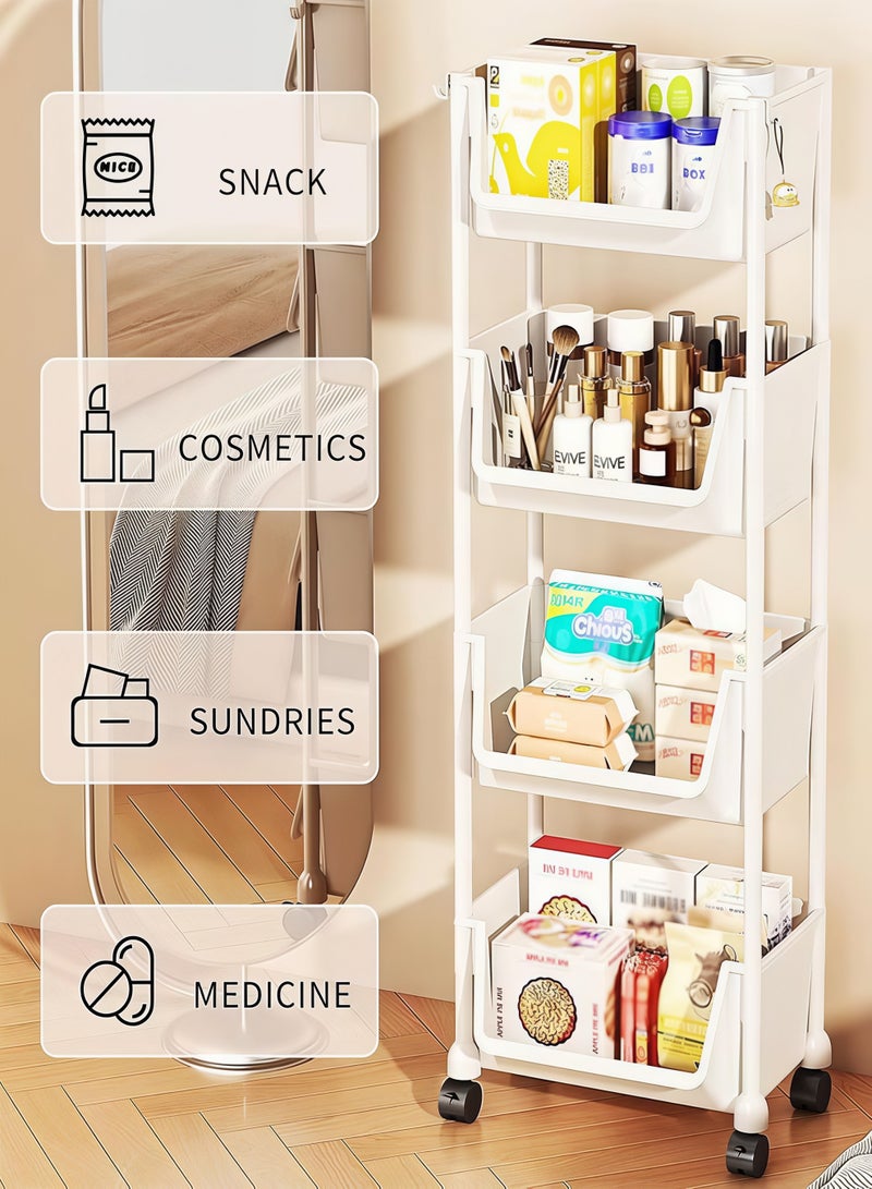 HQ-GAMING 4-Tier Narrow Rolling Storage Cart, Slim Multi-Purpose Utility Shelf Tower with Wheels, Small Mobile Organizer Stand, Storage Trolley for Kitchen Bathroom Laundry, White - Image 3