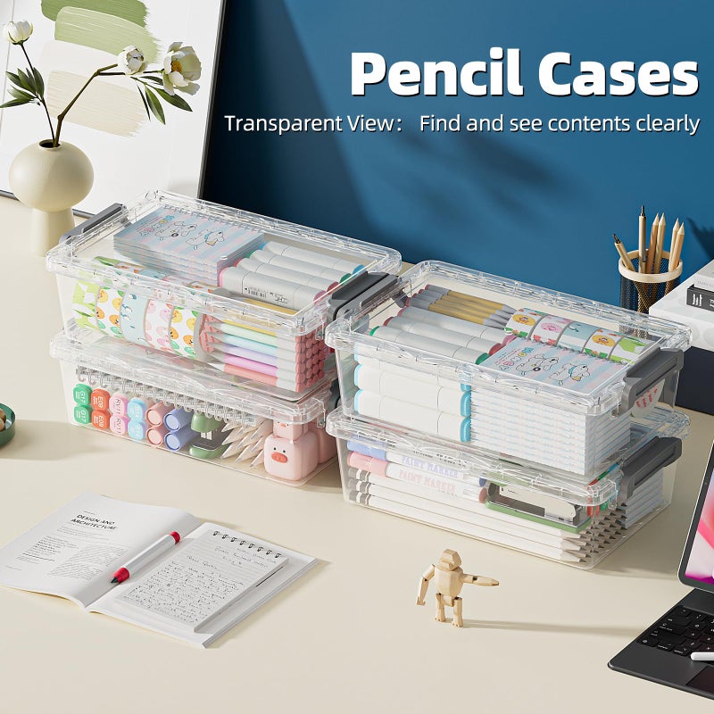 BiuLeon 4 Pack Extra Large Pencil Box, Plastic Pencil Case Organizer, Clear Crayon Box Marker Organizer, Stackable Craft Organizers and Storage for Pen, Craft, Art Supply(Grey) - Image 4