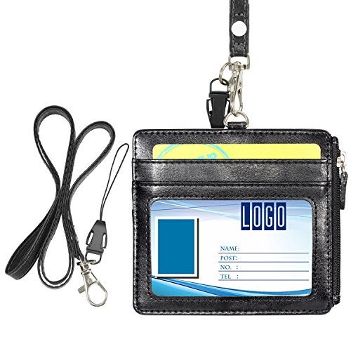 Wisdompro Badge Holder with Zip, Wisdompro 2-Sided PU Leather ID Badge Holder with 1 ID Window, 4 Card Slots, 1 Side Zipper Pocket and 1 Piece 20 Inch Leather Neck Lanyard Strap - Black (Horizontal) - Image 1