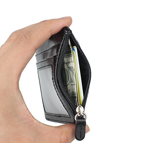 Wisdompro Badge Holder with Zip, Wisdompro 2-Sided PU Leather ID Badge Holder with 1 ID Window, 4 Card Slots, 1 Side Zipper Pocket and 1 Piece 20 Inch Leather Neck Lanyard Strap - Black (Horizontal) - Image 5
