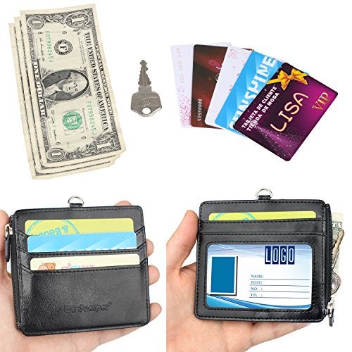 Wisdompro Badge Holder with Zip, Wisdompro 2-Sided PU Leather ID Badge Holder with 1 ID Window, 4 Card Slots, 1 Side Zipper Pocket and 1 Piece 20 Inch Leather Neck Lanyard Strap - Black (Horizontal) - Image 4
