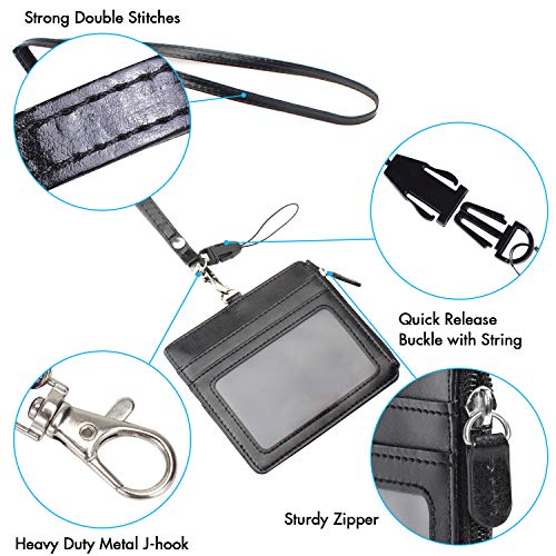 Wisdompro Badge Holder with Zip, Wisdompro 2-Sided PU Leather ID Badge Holder with 1 ID Window, 4 Card Slots, 1 Side Zipper Pocket and 1 Piece 20 Inch Leather Neck Lanyard Strap - Black (Horizontal) - Image 3